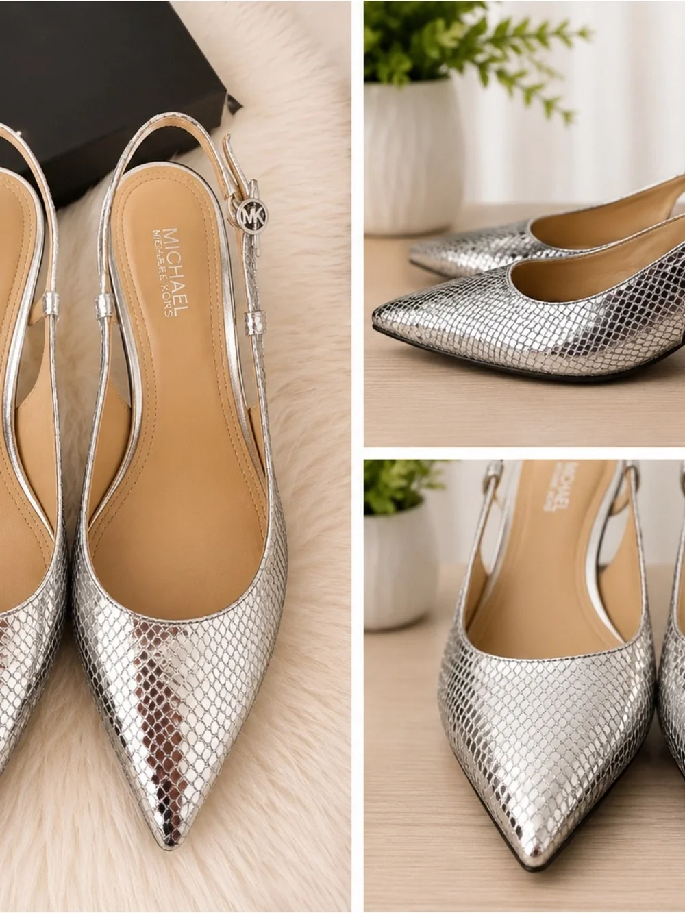 Michael Kors Metallic Silver Snake-Embossed Slingback Flats